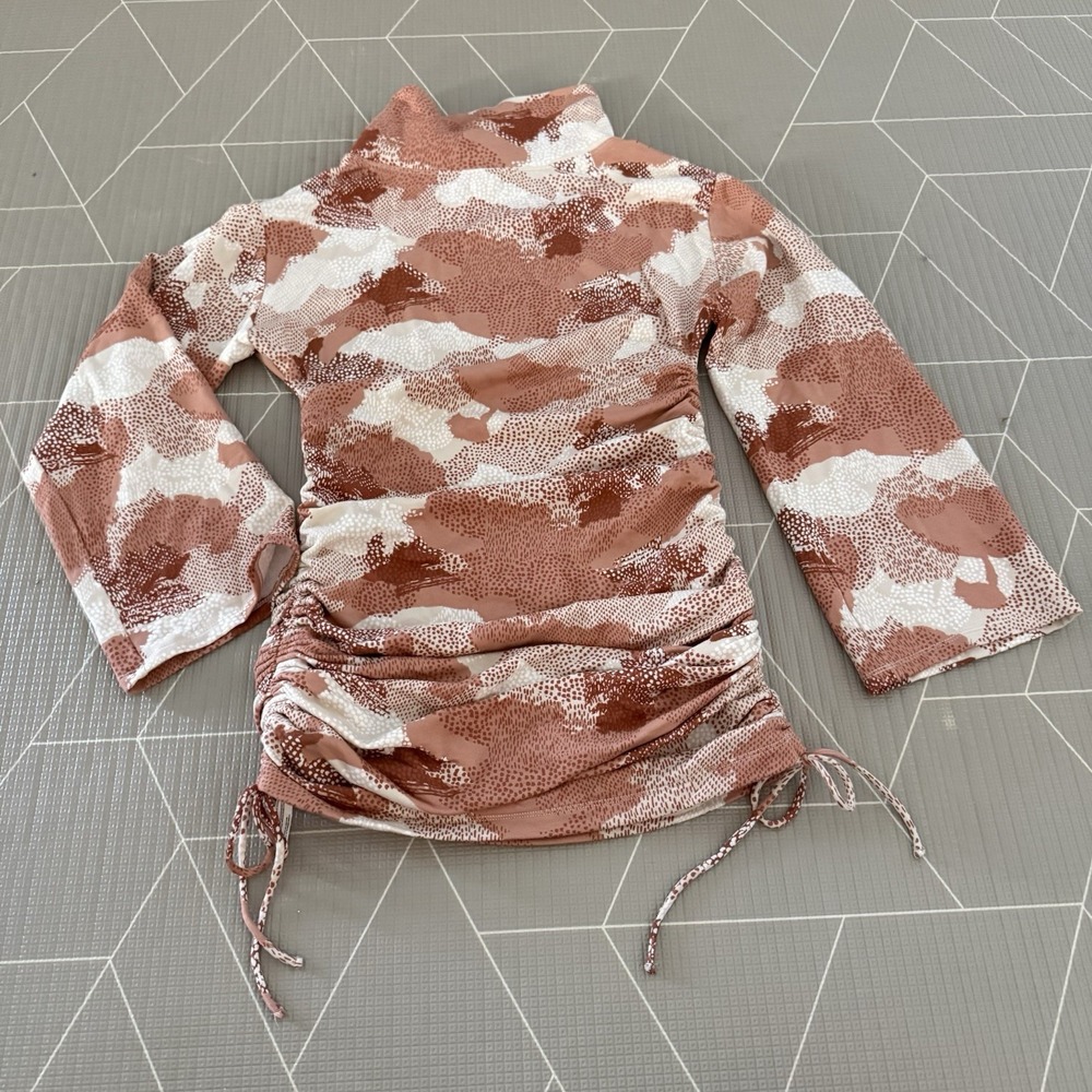 Daily Practice Anthropologie Cowl Neck Tunic Dress Size L Tan Cream Abstract - Picture 3 of 8